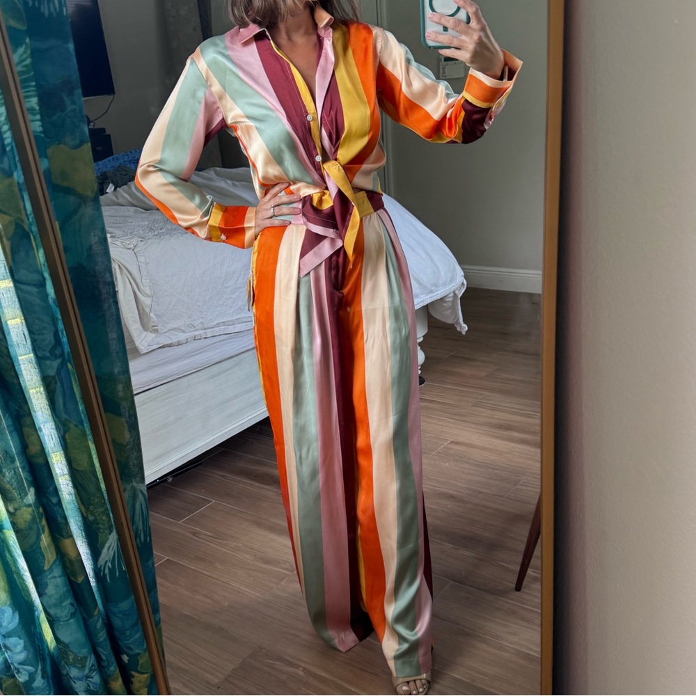ROE retro striped satin two-piece lounge set (XXS top XS Pants)